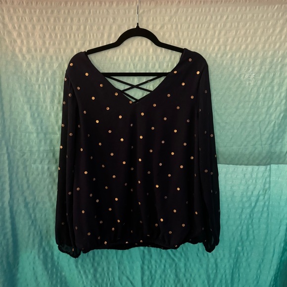 torrid Tops - Torrid - long sleeve blouse - navy blue with gold polka dots - size 0 (L - 12)